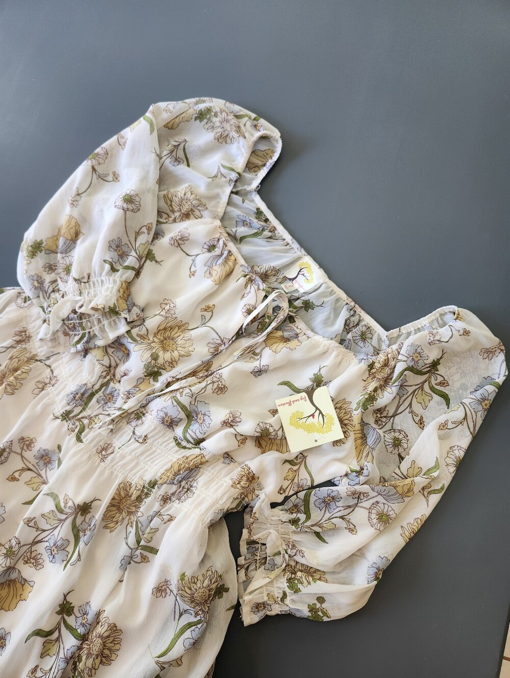 NEW Fig and Flower High-Low Hem Cream Estilo Dress Floral Large Prairie FLAW